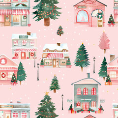 Obraz premium Watercolor Christmas shop signs with soft shapes and festive trees create charming holiday scene. Perfect for seasonal decor and festive designs.