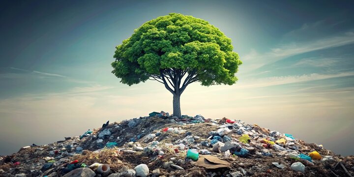 A Single Tree Flourishes Against a Backdrop of Waste, Symbolic of Hope and Renewal in a Polluted Landscape