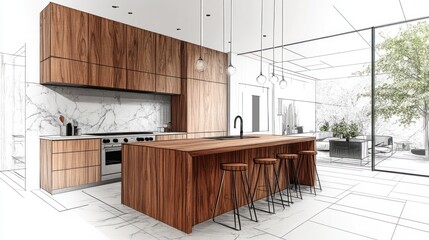 Modern Wooden Kitchen Design Architecture Drawing Sketch
