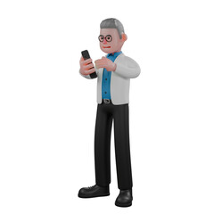 Illustration of Male Science Professional. A male physicist stands holding a cellphone in his right hand and his left hand is in front of the screen. 3D Physicist