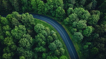 Winding Road Meanders Through Lush Green Forest Under a Clear Blue Sky in the Warmth of the Afternoon Sun