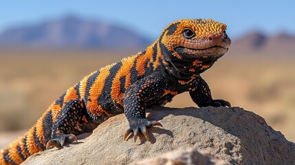 Fototapeta premium A black and orange lizard with a smiling face perched on a rock in a desert setting.
