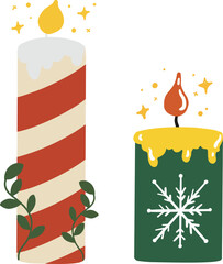 A set of candles decorated with Christmas elements. Cartoon Christmas scented candle, wax decorative aromatic candles. Winter holiday. Elements for New Year and Christmas design.Vector illustration