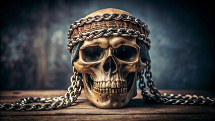 A human skull, bound by a heavy silver chain, rests on a weathered wooden surface, a stark reminder of the fragility of life and the weight of mortality.
