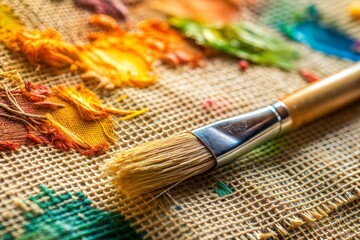 Obraz premium Paintbrush on palette with dried paint on textured canvas