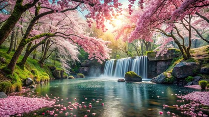 Japanese landscape with cherry blossom trees, falling petals, and small waterfall