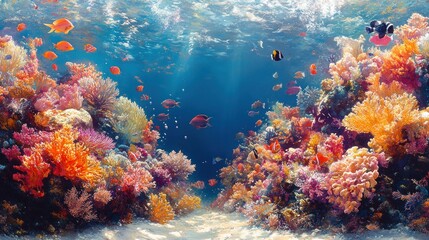 Fototapeta premium Vibrant underwater scene with colorful coral reefs and fish.