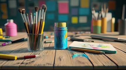 Creative Art Studio with Paintbrushes, Colorful Paints, and Sketchbook on Wooden Table in Vibrant Workspace