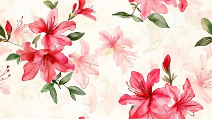 ** Elegant Watercolor Floral Pattern with Pink Azaleas and Green Leaves on a Soft Cream Background for Textiles and Design..**