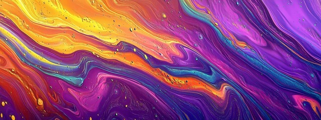 Colorful abstract painting with swirling patterns in purple and gold tones