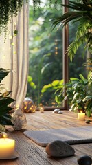Obraz premium Serene Indoor Yoga Space with Candles and Lush Greenery by a Sunlit Window for Meditation and Relaxation