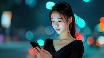 A woman is glued to her smartphone on a bustling night street, scrolling through social media amidst passing cars.