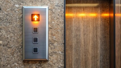 A Modern Elevator Control Panel with a Glowing Up Arrow, Indicating an Ascending Journey, against a Textured Wall and a Warm Wooden Door Frame.
