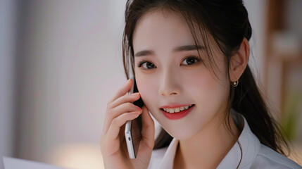 Young, cheerful businesswoman multitasks, chatting on her mobile while jotting down notes in the meeting room.