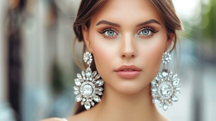 Fototapeta premium Stunning woman adorned with long earrings, showcasing elegant hairstyle and glamorous evening makeup.