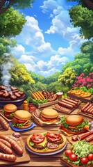 Fototapeta premium Outdoor barbecue feast with burgers and sausages in a sunny setting