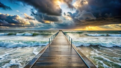 Jetty reaching into winter sea under cloudy sky