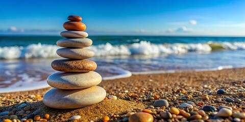 A carefully balanced rock stack stands on the edge of a sandy shore with blurred ocean waves in the background, suggesting a sense of peace and mindfulness.