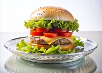Gourmet Burger on Plate with White Transparent Background for Culinary Photography
