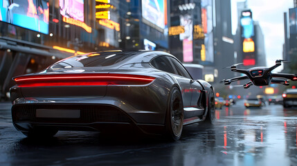 Fototapeta premium Cutting edge electric sedan charging wirelessly in a futuristic smart city surrounded by AI controlled drones and vibrant holographic billboards reflecting on its sleek streamlined body