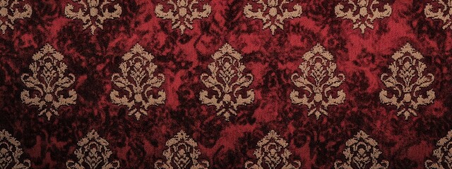 Textured carpet, deep red with intricate patterns, soft fibers, warm room lighting