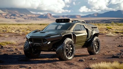 Futuristic SUV Navigates Rugged Alien Terrain Showcasing Cutting Edge Suspension and Adaptive Camouflage Technology for Durability in Harsh Extraterrestrial Environments
