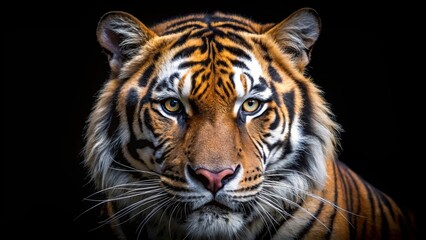 Fototapeta premium Intense gaze of a tiger, fur patterns showcasing the animal's strength and beauty, capturing a moment of focused alertness against a dark backdrop.