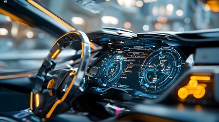 Fototapeta premium Glowing wheels and a holographic dashboard interface create a futuristic high tech look for this innovative vehicle design The abstract