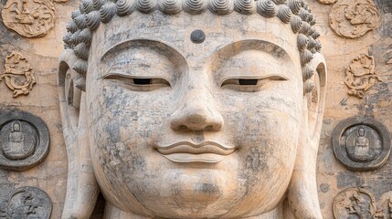 Obraz premium Minimalist background of Lao Buddha: Capturing the essence of Buddhist culture, golden statues, and timeless landmarks in Luang Prabang.
