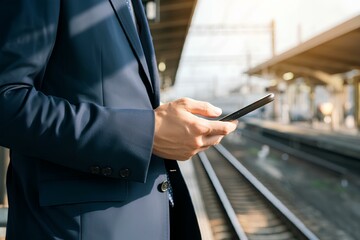 電車通勤風景。ホームでスマートフォンを見るスーツ姿のビジネスマン｜Scene of train commuting. Businessman in suit looking at smartphone on platform.