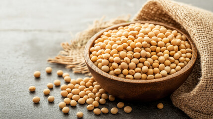 Fototapeta premium bowl of raw soybeans sits on rustic kitchen counter, surrounded by scattered beans and burlap cloth, showcasing natural texture and color of soybeans