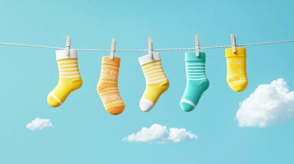 A fun illustration of mismatched socks hanging from a clothesline against a blue sky background