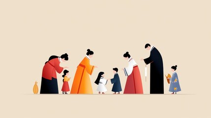 Fototapeta premium A minimalist Seollal illustration with a family in traditional Hanbok bowing to elders