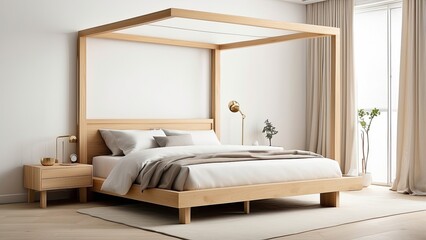 A contemporary canopy bed with a light wooden finish and a simple yet elegant design, isolated on white 