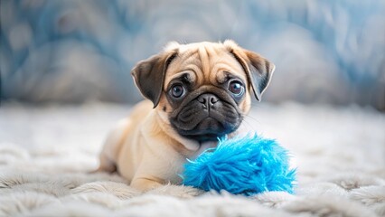 Obraz premium A puppy with big brown eyes and a sweet expression rests on a fluffy white surface, its paws gently cradling a bright blue toy.