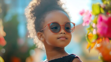 A Cheerful Child Wearing Stylish Sunglasses Enjoys a Sunny Day Amidst Vibrant Flowers in a Bustling Neighborhood
