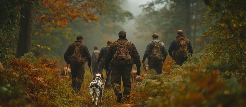 Group of hunters in a misty autumn forest, walking with dogs.