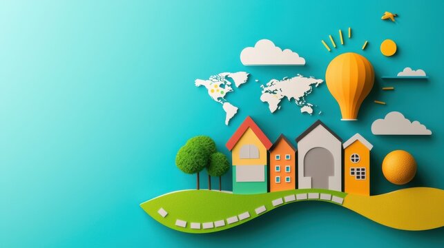 An educational landscape showing schools from around the world connected by a pathway leading to a brighter future