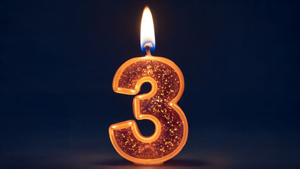 Sparkling Number Three Candle with a Lit Flame on a Dark Background, Representing a Third Birthday or Milestone