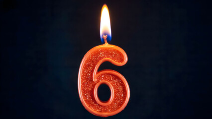 Glittering Red Number Six Candle with a Lit Flame on a Dark Background, Representing a Sixth Birthday or Special Milestone