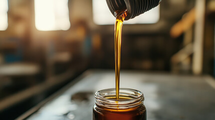 Close up of soybean oil flowing into glass bottle, showcasing rich amber color and smooth texture. warm lighting creates inviting atmosphere, emphasizing oils quality