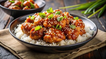 Fototapeta premium Korean style caramel chicken and rice dish with sweet and spicy flavors