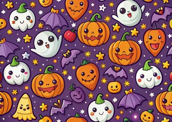 Fototapeta premium Halloween Patterns with Cute Cartoon Jack-o'-Lanterns, Bats, and Ghosts for Spooky Decor