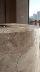 Close up of a round countertop with a cream colored stone surface with a natural pattern.