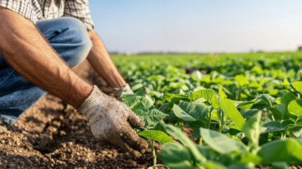 Farmers tending to soybean plants under clear sky, showcasing dedication and hard work involved in agriculture. lush green plants thrive in sunlight