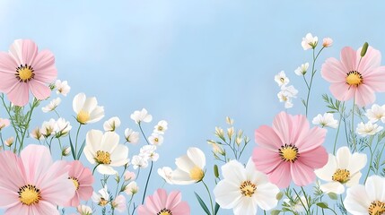 Fototapeta premium Vibrant meadow flowers in a soft pastel watercolor flat design layout offering a peaceful and nature inspired theme for desktop wallpaper mobile background and other digital or print applications