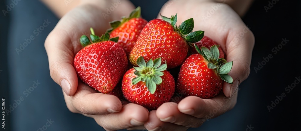 Poster Close-up of hands holding a handful of ripe red strawberries.