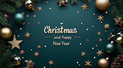 "Christmas and Happy New Year" written in stylish silver on a dark green background, framed by soft gold accents and generous copy space for personalization.
