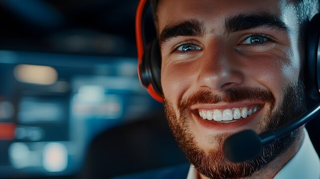 Portrait of a Cheerful and Engaged Call Center Agent Offering Helpful Customer Support with a Confident Demeanor and Futuristic Sci Fi Color Scheme