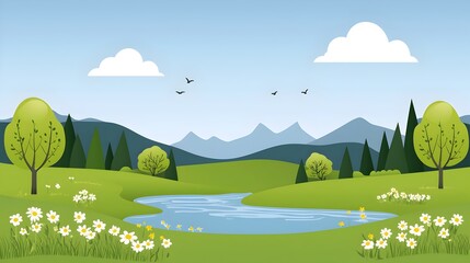 Fototapeta premium Flowing river in a spring season with a vibrant split complementary color palette Flat design showcasing the tranquil movement of water in a minimalist yet captivating style